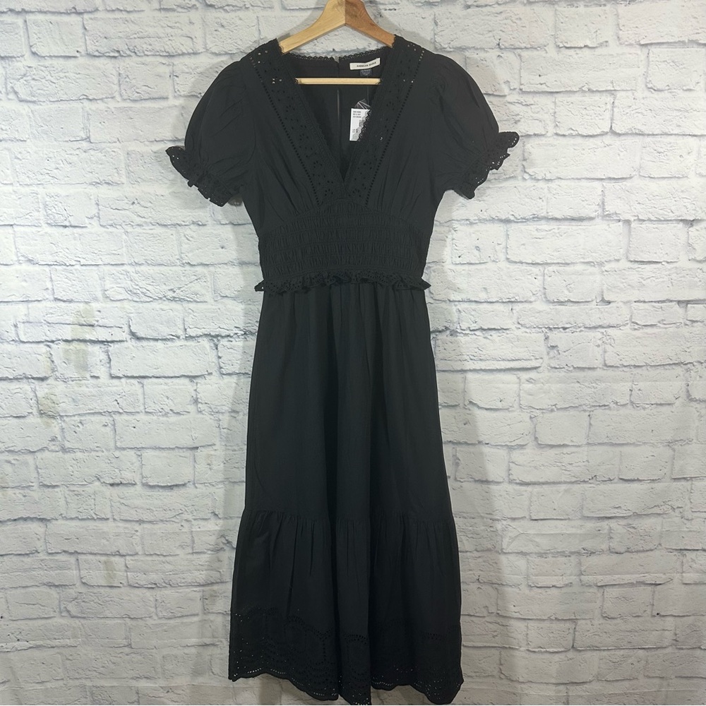 NWT American Eagle Black Puff Sleeve Smock Waist Eyelet Detail Midi Dress Sz XS